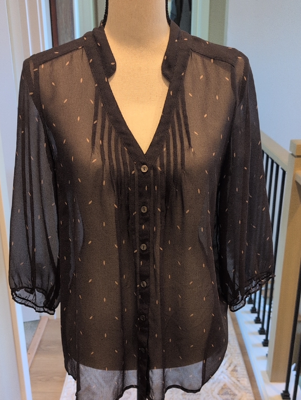 Frenchi Sheer Black Pintuck Button-Front Blouse With Tan Flecks. M